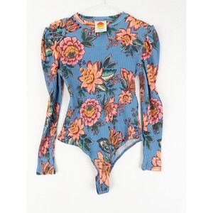 Farmrio Bodysuit Womens S Blue Pink Floral Textured Long Sleeve Puff